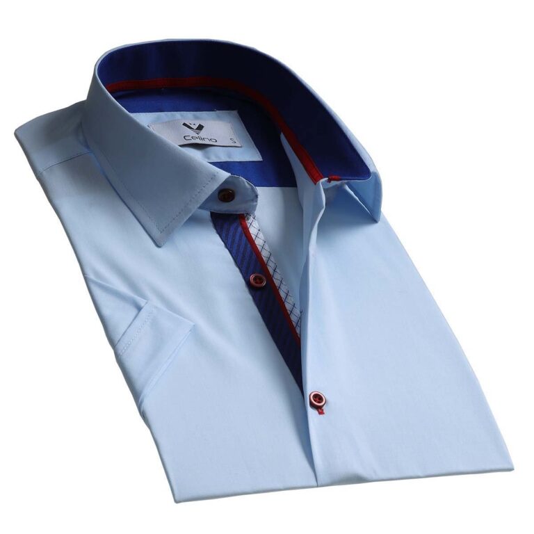 Sky Blue Solid Short Sleeve Button up Shirts for Men - Tailored Slim Fit Cotton Dress Shirts - Celino Corp.