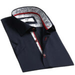 Navy Blue Solid Short Sleeve Button up Shirts for Men - Tailored Slim Fit Cotton Dress Shirts - Image 2