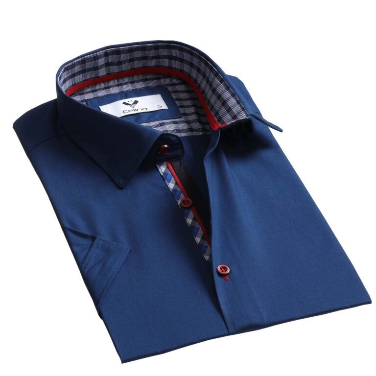 Medium Blue Solid Short Sleeve Button up Shirts for Men - Tailored Slim Fit Cotton Dress Shirts - Celino Corp.