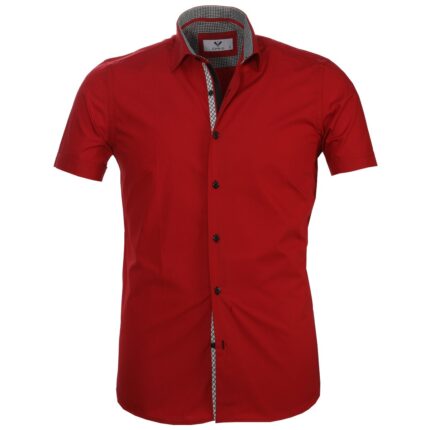 Red Solid Short Sleeve Button up Shirts for Men - Tailored Slim Fit Cotton Dress Shirts