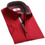 Red Solid Short Sleeve Button up Shirts for Men - Tailored Slim Fit Cotton Dress Shirts - Image 2