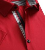 Red Solid Short Sleeve Button up Shirts for Men - Tailored Slim Fit Cotton Dress Shirts - Image 3