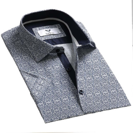 Grey-Blue Short Sleeve Button up Shirts for Men - Tailored Slim Fit Cotton Dress Shirts