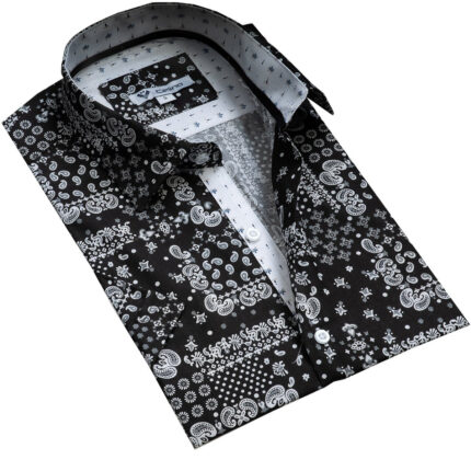 Black Grey Paisley Short Sleeve Button up Shirts for Men - Tailored Slim Fit Cotton Dress Shirts