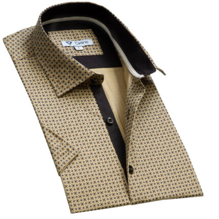 Tan Brown Check Short Sleeve Button up Shirts for Men - Tailored Slim Fit Cotton Dress Shirts
