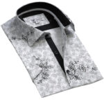 White Black Floral Short Sleeve Button up Shirts for Men - Tailored Slim Fit Cotton Dress Shirts
