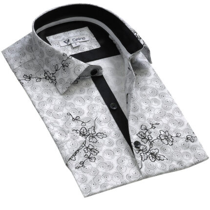 White Black Floral Short Sleeve Button up Shirts for Men - Tailored Slim Fit Cotton Dress Shirts