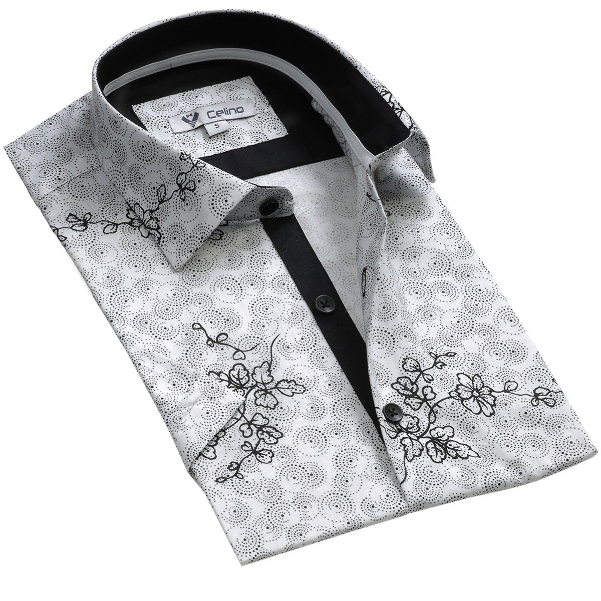 CESS8411_2 White Black Floral Short Sleeve Button up Shirts for Men - Tailored Slim Fit Cotton Dress Shirts - Image 1