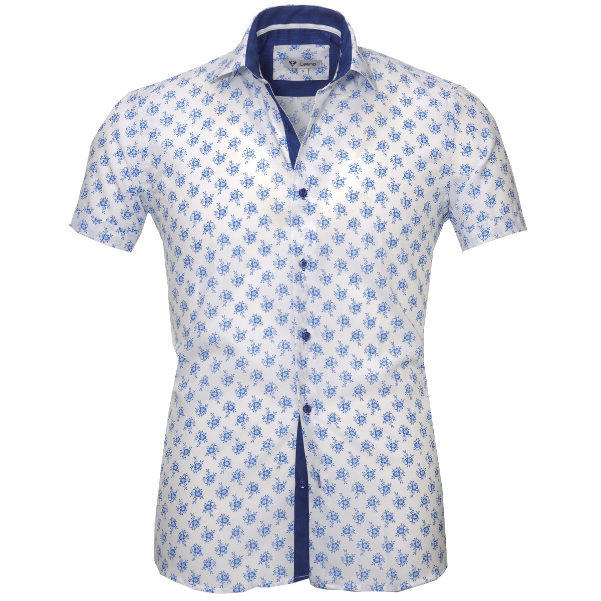 CESS8412_1 White Blue Floral Short Sleeve Button up Shirts for Men - Tailored Slim Fit Cotton Dress Shirts - Image 1