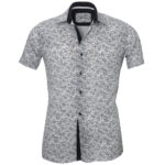White Navy Blue Floral Short Sleeve Button up Shirts for Men - Tailored Slim Fit Cotton Dress Shirts - Celino Corp.