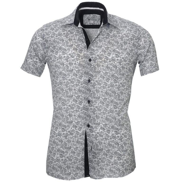 White Navy Blue Floral Short Sleeve Button up Shirts for Men - Tailored Slim Fit Cotton Dress Shirts - Celino Corp.