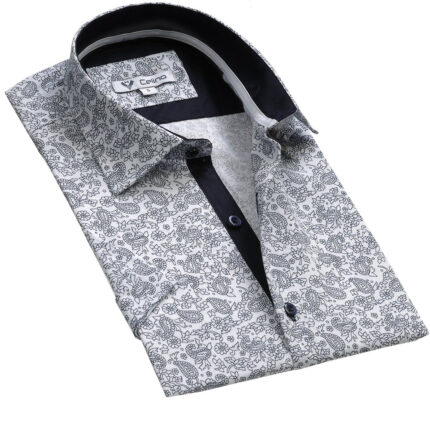 White Navy Blue Floral Short Sleeve Button up Shirts for Men - Tailored Slim Fit Cotton Dress Shirts - Celino Corp.