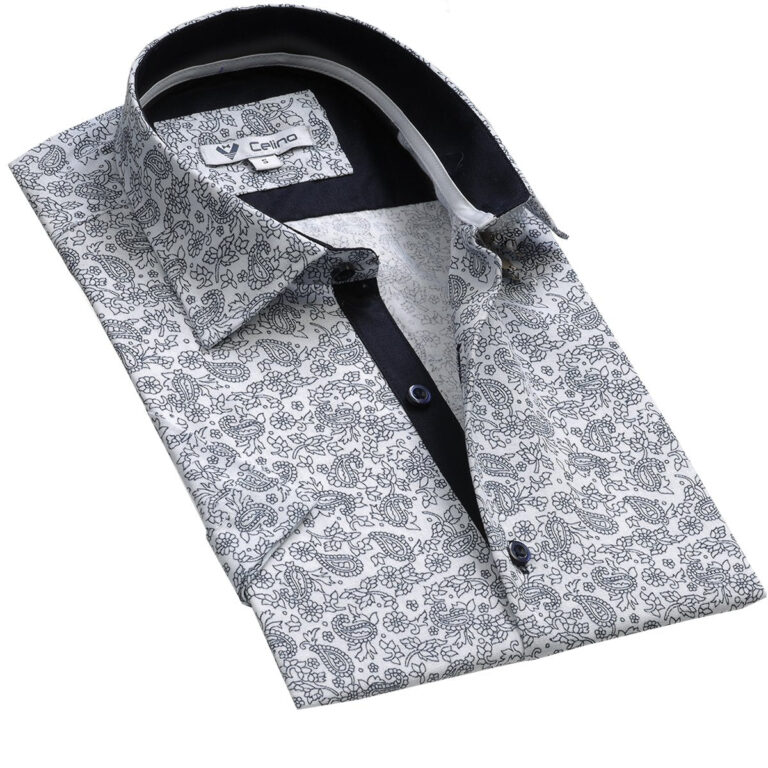 White Navy Blue Floral Short Sleeve Button up Shirts for Men - Tailored Slim Fit Cotton Dress Shirts - Celino Corp.