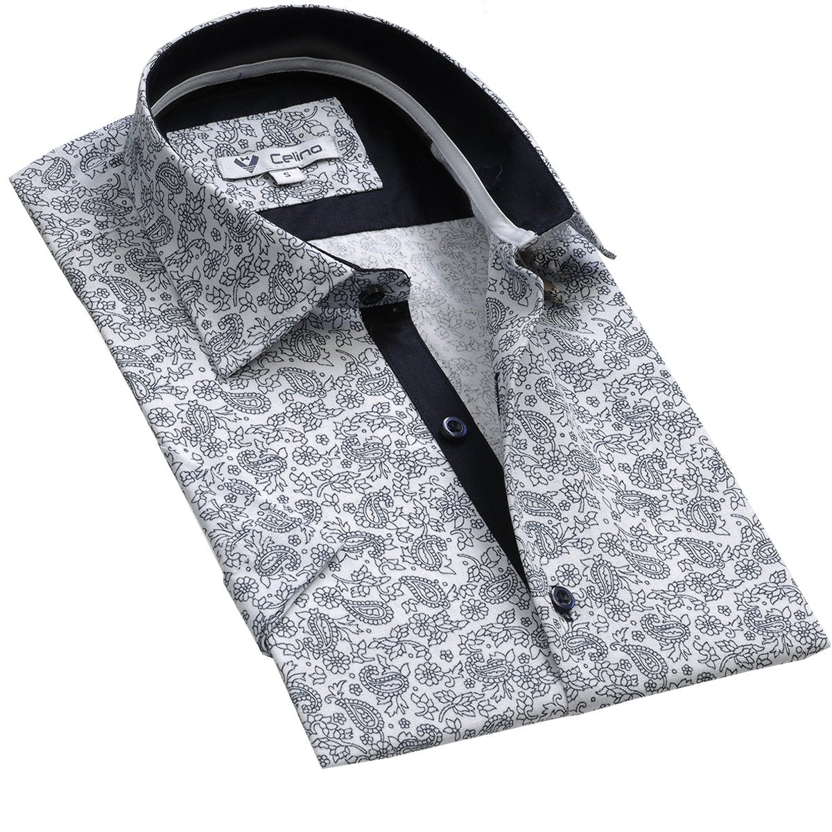 CESS8413_2 White Navy Blue Floral Short Sleeve Button up Shirts for Men - Tailored Slim Fit Cotton Dress Shirts - Celino Corp.
