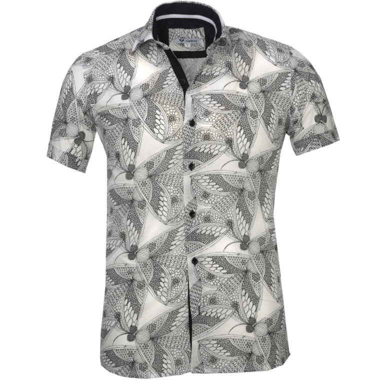 White Black Floral Short Sleeve Button up Shirts for Men - Tailored Slim Fit Cotton Dress Shirts - Celino Corp.