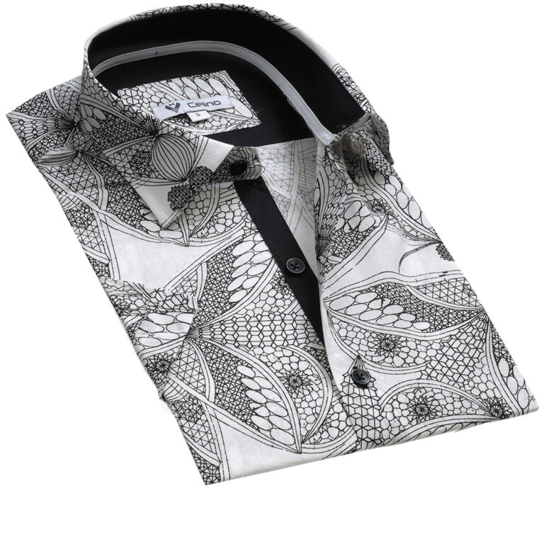 White Black Floral Short Sleeve Button up Shirts for Men - Tailored Slim Fit Cotton Dress Shirts - Celino Corp.