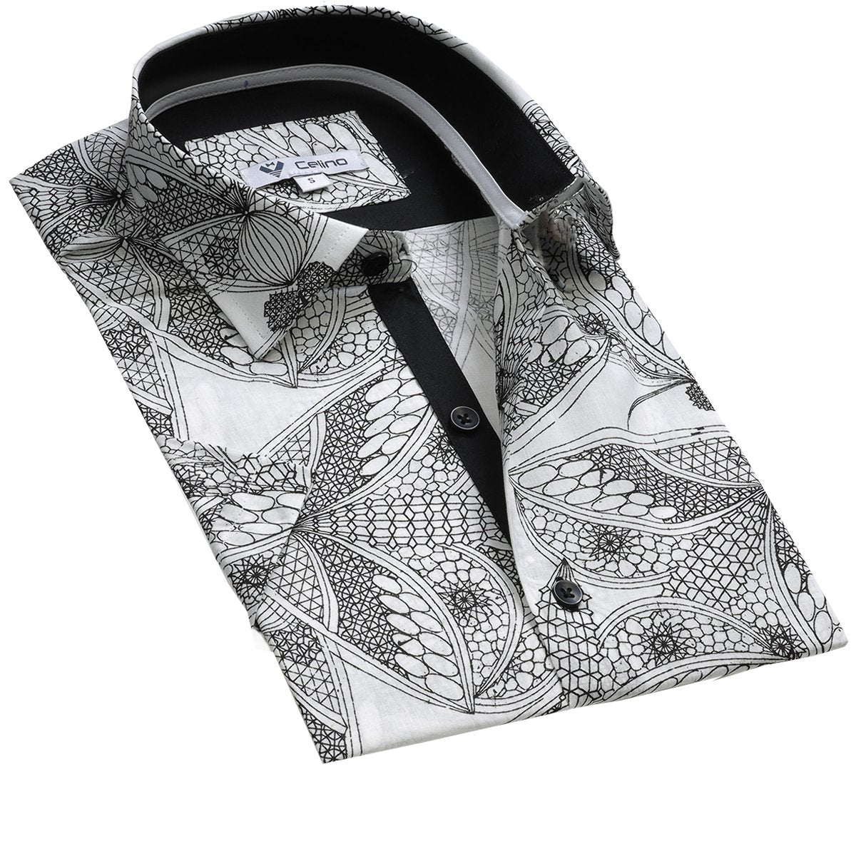 CESS8414_2 White Black Floral Short Sleeve Button up Shirts for Men - Tailored Slim Fit Cotton Dress Shirts - Celino Corp.