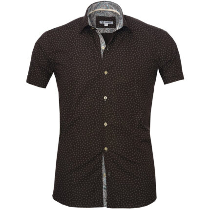 Chocolate Brown Blue Paisley Short Sleeve Button up Shirts for Men - Tailored Slim Fit Cotton - Celino Corp.