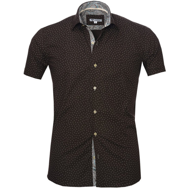Chocolate Brown Blue Paisley Short Sleeve Button up Shirts for Men - Tailored Slim Fit Cotton - Celino Corp.