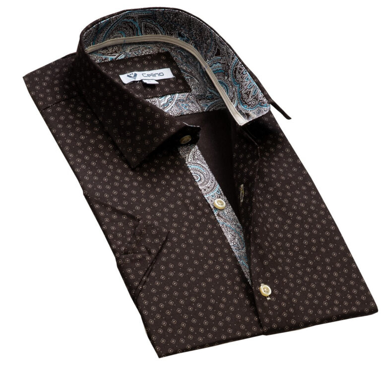 Chocolate Brown Blue Paisley Short Sleeve Button up Shirts for Men - Tailored Slim Fit Cotton - Celino Corp.