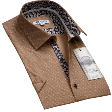 Light Brown Paisley Short Sleeve Button up Shirts for Men - Tailored Slim Fit Cotton Dress Shirts - Celino Corp.