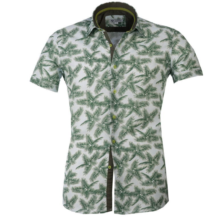 Celino White Green Trees Men's Slim Fit Short Sleeve Dress Shirt Made in Europe - Celino Corp.