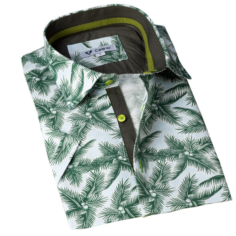 Celino White Green Trees Men's Slim Fit Short Sleeve Dress Shirt Made in Europe - Celino Corp.