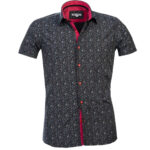 Black with Red Blue Floral Short Sleeve Button up Shirts for Men - Tailored Slim Fit Cotton Dress