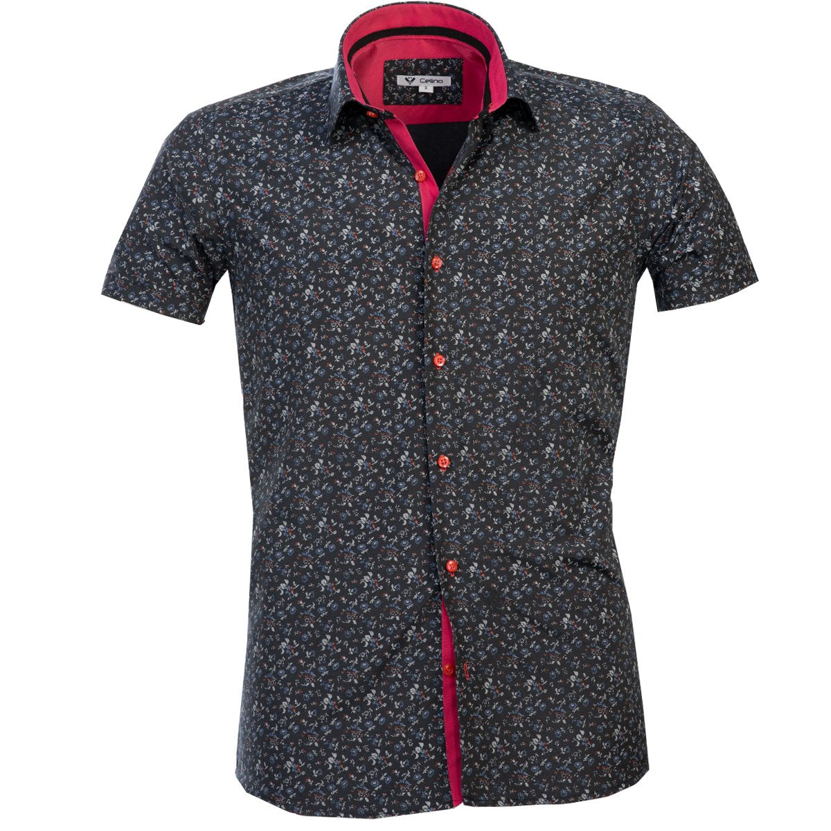 CESS8506_1 Black with Red Blue Floral Short Sleeve Button up Shirts for Men - Tailored Slim Fit Cotton Dress - Image 1