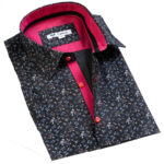Black with Red Blue Floral Short Sleeve Button up Shirts for Men - Tailored Slim Fit Cotton Dress - Image 2