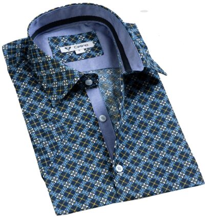 Pastel Blue & Yellow Floral Short Sleeve Button up Shirts for Men - Tailored Slim Fit Cotton Dress