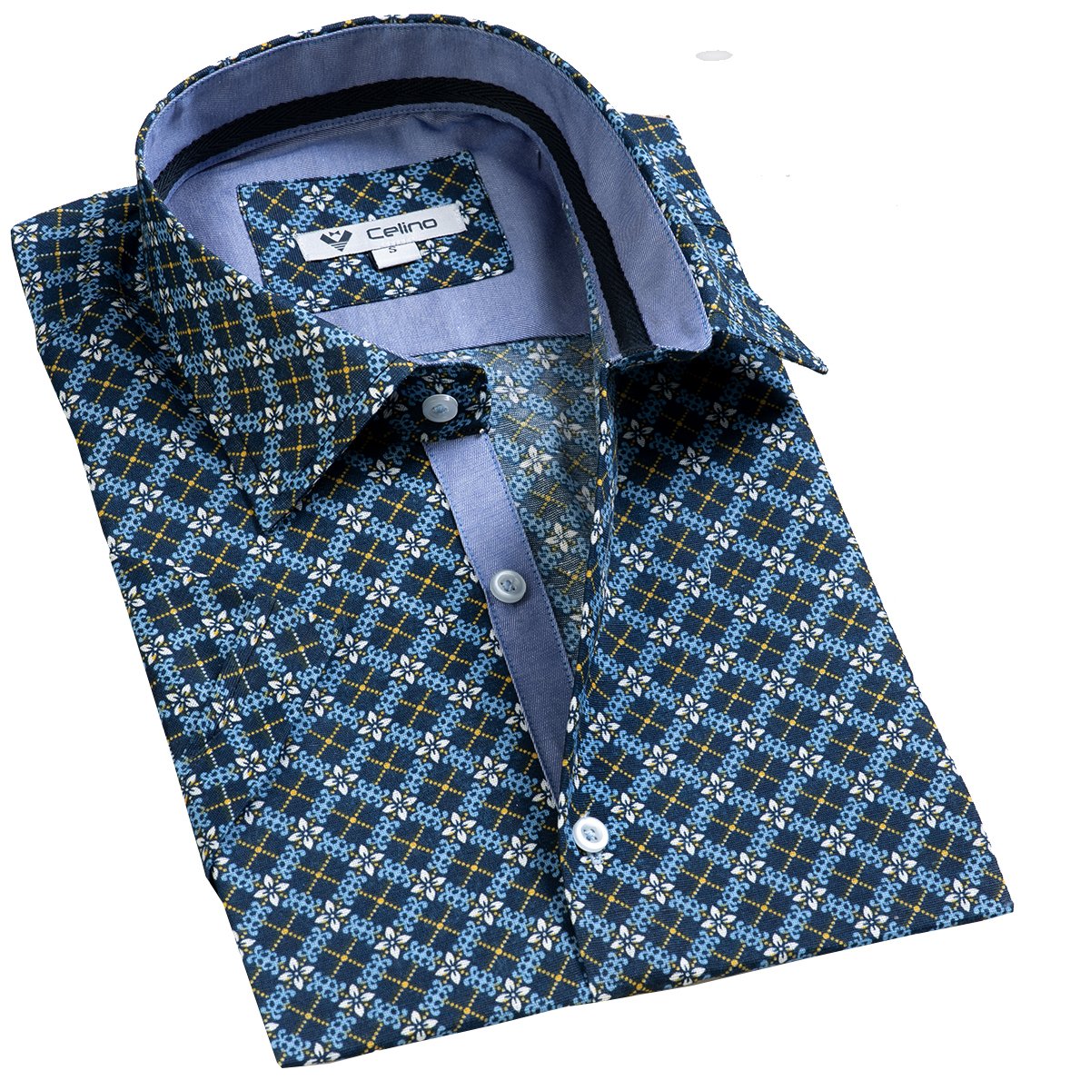 CESS8508_2 Pastel Blue & Yellow Floral Short Sleeve Button up Shirts for Men - Tailored Slim Fit Cotton Dress - Image 1
