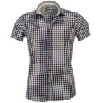 Brown Blue Checkered Short Sleeve Button up Shirts for Men - Tailored Slim Fit Cotton Dress Shirts