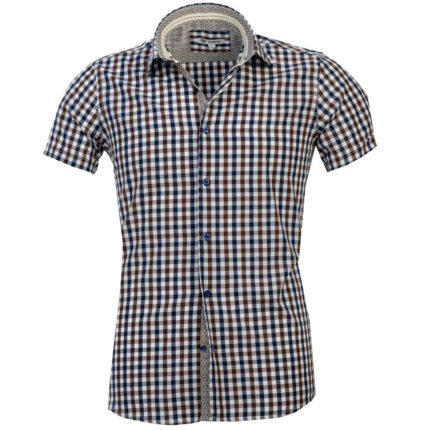 Brown Blue Checkered Short Sleeve Button up Shirts for Men - Tailored Slim Fit Cotton Dress Shirts