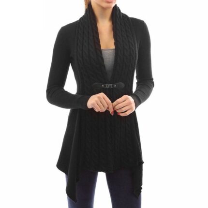 Celino Women's Black Long Sleeve V Neck Full Collar Sweater
