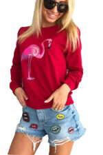 Women's Fashion Long Sleeve Round Neck Red T-Shirt Tops Sweater - Image 3