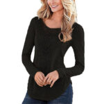 Women's Fashion Long Sleeve Round Neck Black T-Shirt Tops Sweater - Celino Corp.