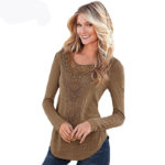 Women's Fashion Long Sleeve Round Neck Khaki T-Shirt Tops Sweater - Image 2