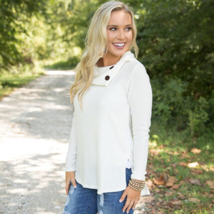 Women's Fashion Long Sleeve Round Collar White T-Shirt Tops Sweater