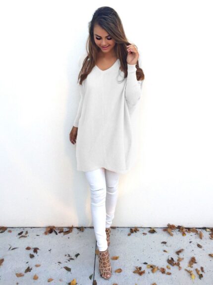 Celino Women's White Sexy Long Sleeve V Neck Autumn Knitted Tops Sweater - Celino Corp.