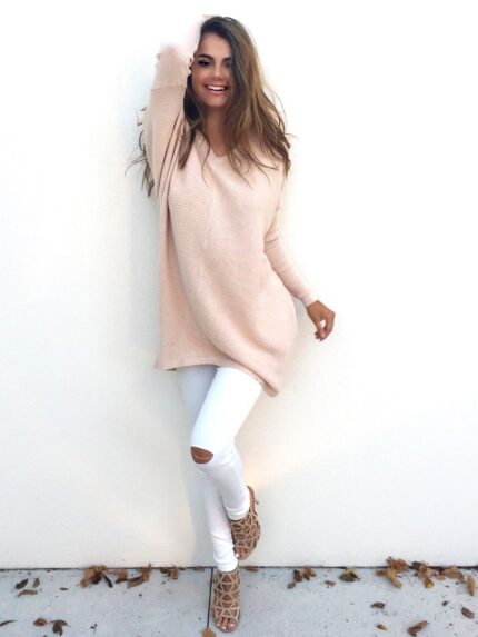 Celino Women's Peach Sexy Long Sleeve V Neck Autumn Knitted Tops Sweater