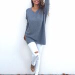 Celino Women's Blue Sexy Long Sleeve V Neck Autumn Knitted Tops Sweater - Celino Corp.
