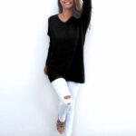 Celino Women's Black Sexy Long Sleeve V Neck Autumn Knitted Tops Sweater