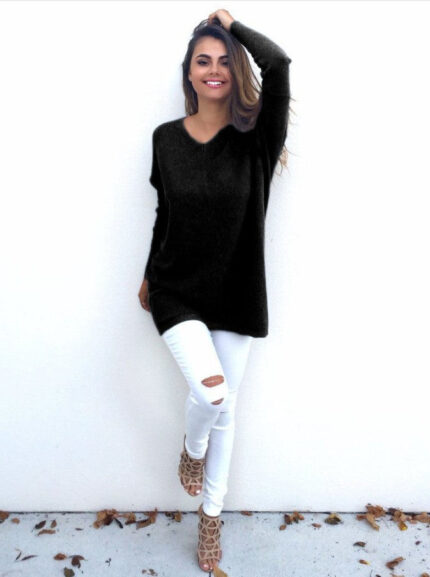 Celino Women's Black Sexy Long Sleeve V Neck Autumn Knitted Tops Sweater