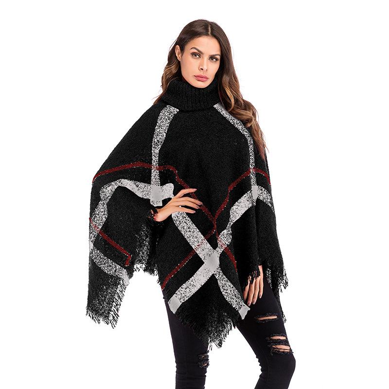 CESW069_1 Celino Women's Fashionable Black Bat Sleeve Pullover Cape High-Neck Knit Sweater - Celino Corp.