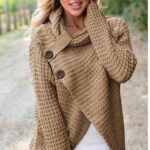 Celino Women's Asymmetric Tan Chunky Turtle Cowl Neck Coat Wrap Sweater - Celino Corp.