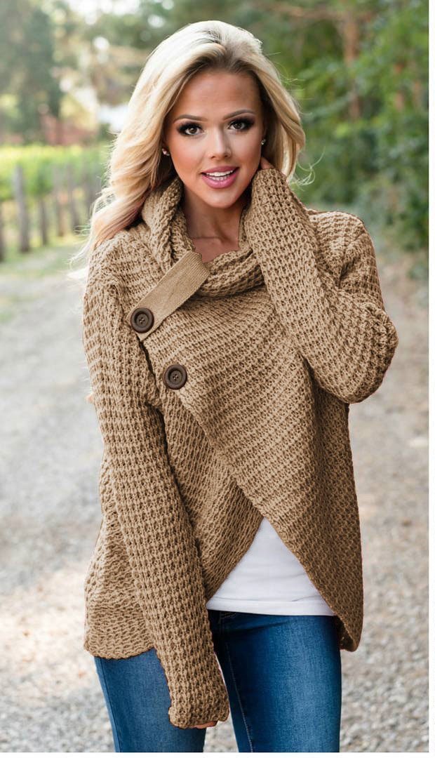 Celino Women's Asymmetric Tan Chunky Turtle Cowl Neck Coat Wrap Sweater - Celino Corp.