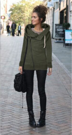 Celino Women's Green Hoodie Side Zipper Sweat-Shirt Turn-Down Collar Coat Sweater