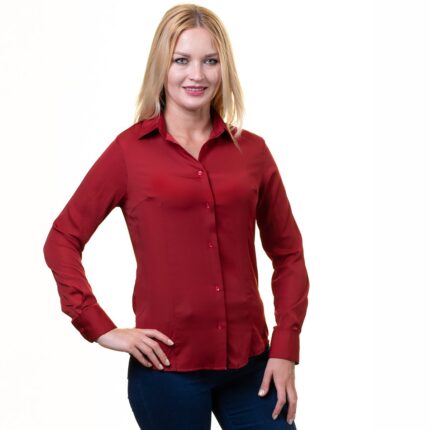 Womens European Satin Basic Button Down Shirt Slim Fit Non Iron Dress Shirts Red - Celino Corp.