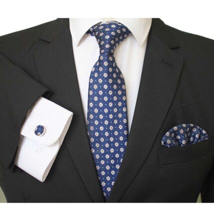 Navy Blue White Floral Designer Silk Floral Necktie with Matching Cufflinks & Pocket Square Set for Men - Celino Corp.